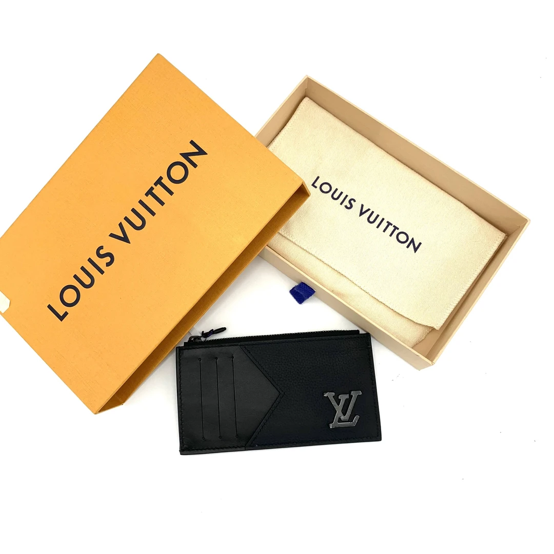 未使用 LouisVuitton/路易威登 黑色全皮拉链零钱包卡包 尺寸14/8