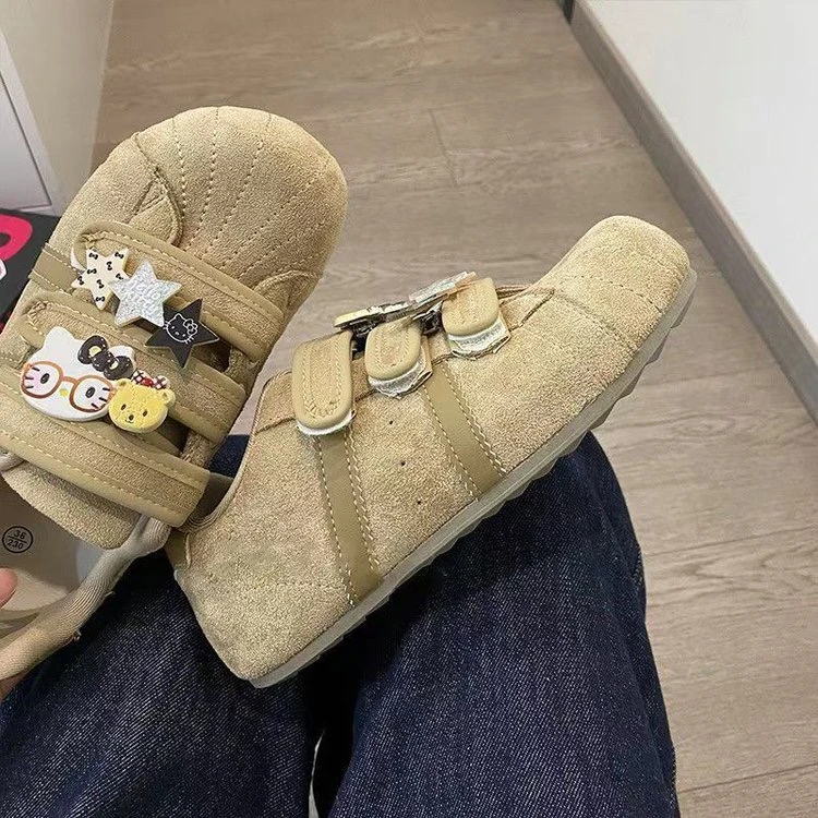 丑萌大头懒人魔术贴面包鞋女秋季新款真皮运动休闲板鞋小众德训鞋