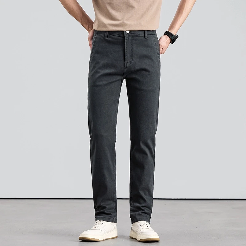 高端欧货男士牛仔裤夏季天丝薄款深灰色修身直筒商务休闲弹力长裤