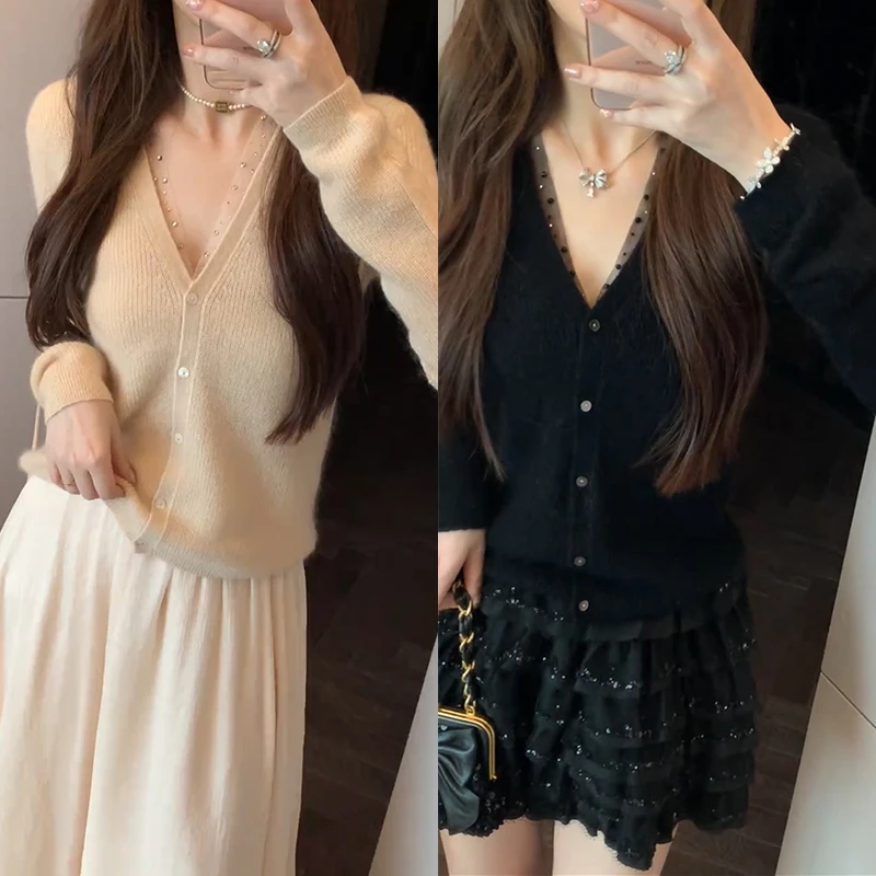 【mimius】B游鹿鹿 高奢线浣熊绒羊 毛混纺网纱拼接V领毛衣 WF09060