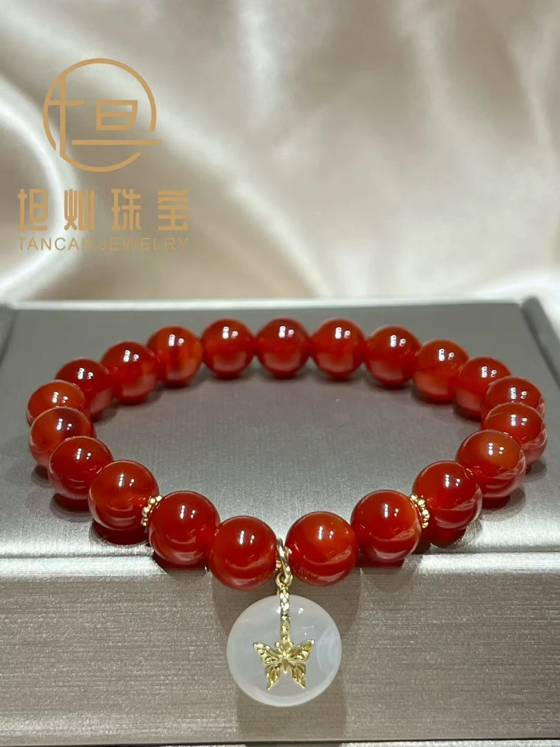 天然单圈红玛瑙搭玉髓平安扣款手串1306