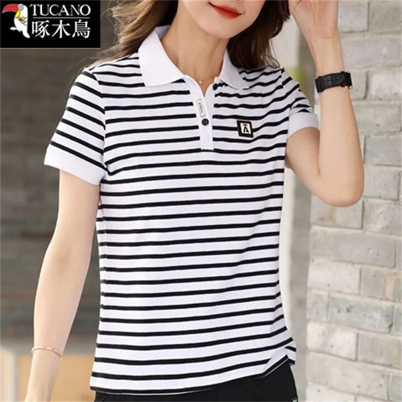 啄木鸟正品夏季短袖纽扣翻领条纹女T恤2025年新款韩版POLO衫上衣