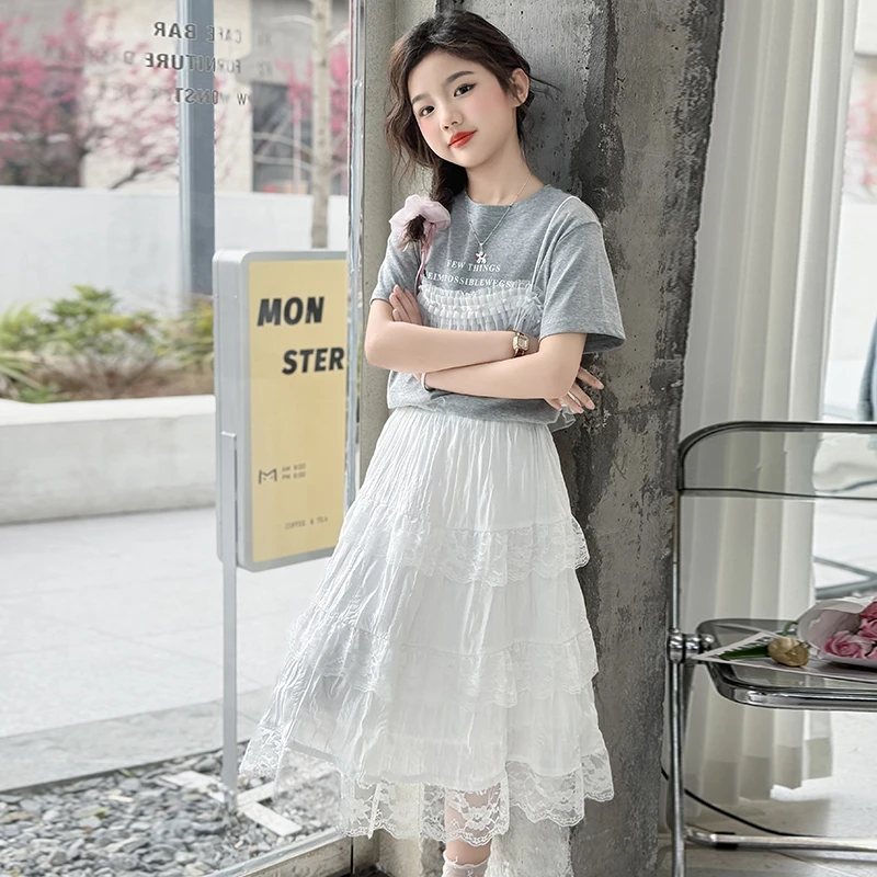 女童套装夏季2025新款儿童洋气时髦短袖T恤蕾丝花边半身裙两件套