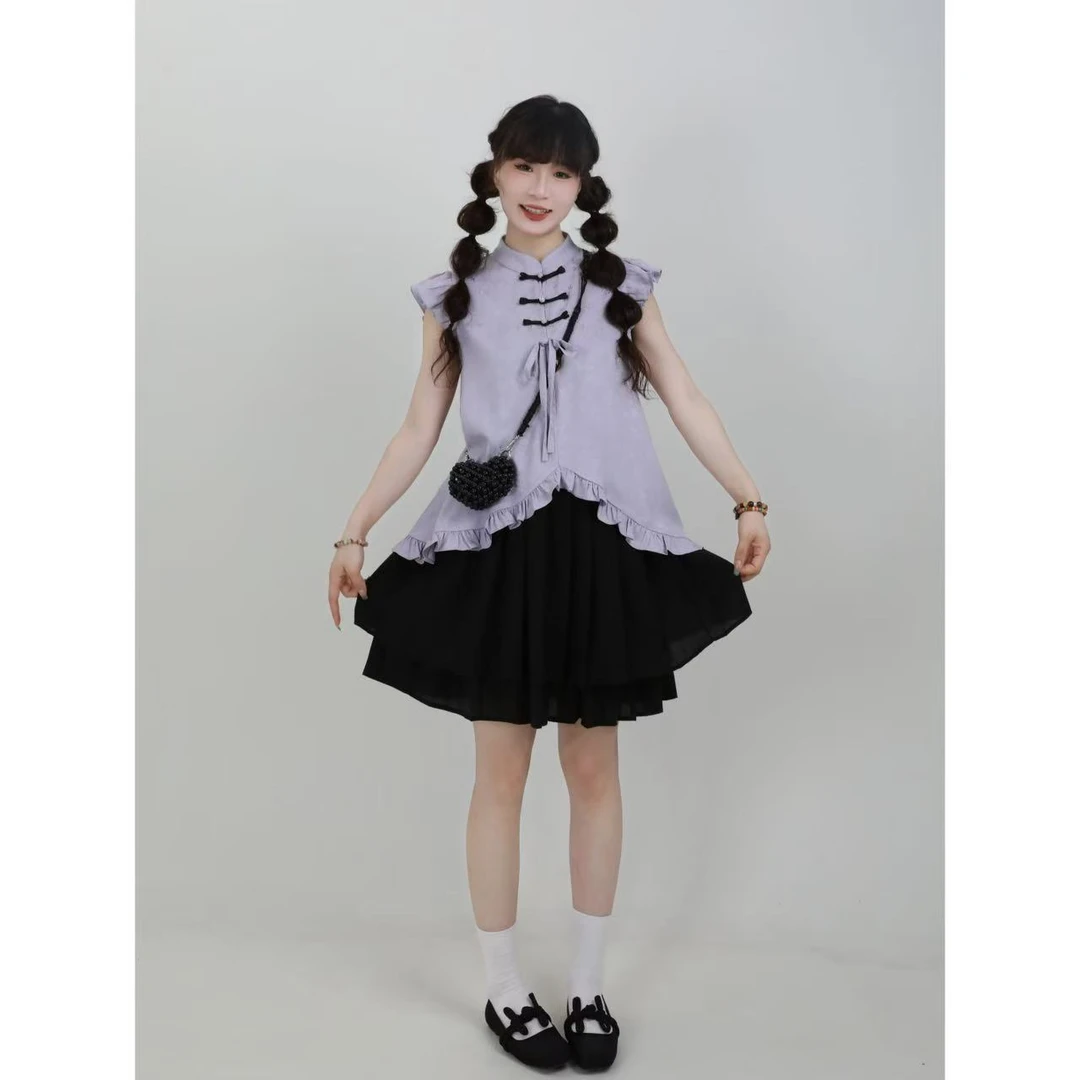 三与十三|紫竹雨梦|复古夏日独特新中式设计感盘扣无袖加半裙套装