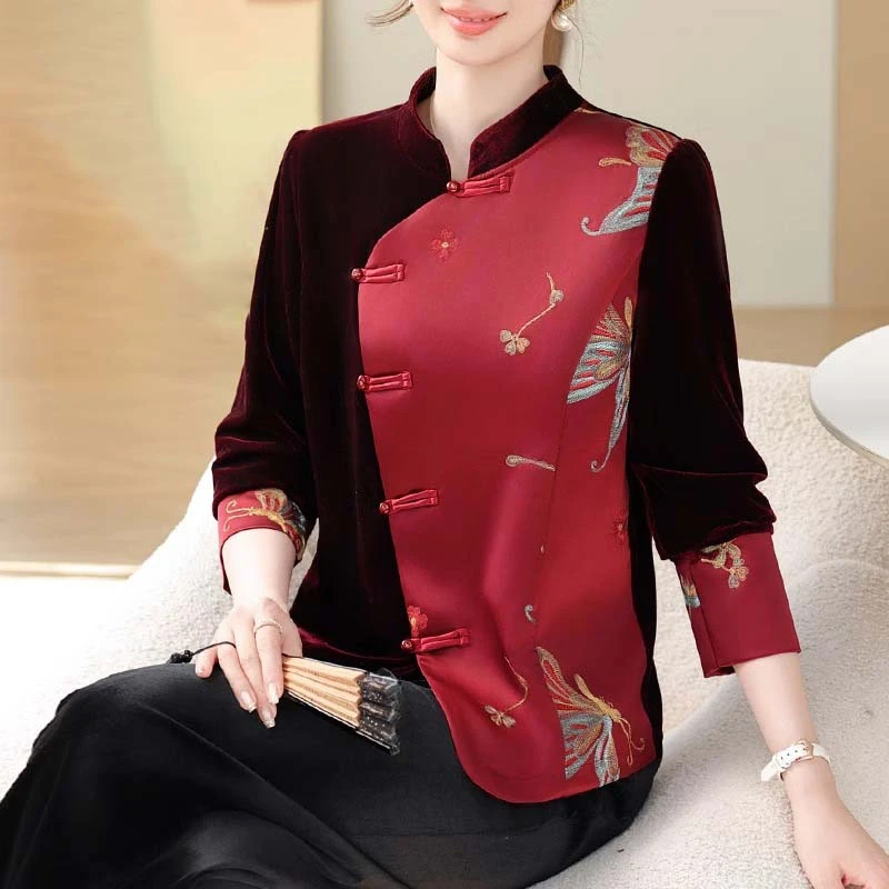 妈妈春装高端金丝绒套装2025新款中老年人女春秋唐装国风刺绣上衣