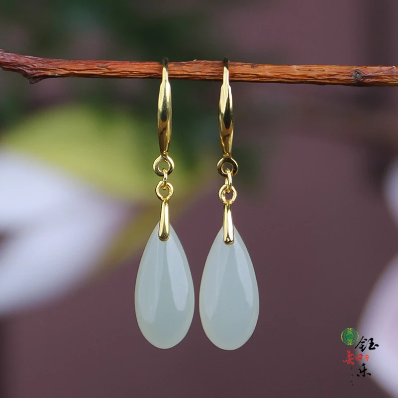 S925银冰晴水和田玉水滴耳坠银耳钩玉耳环玉坠银耳饰耳环811673