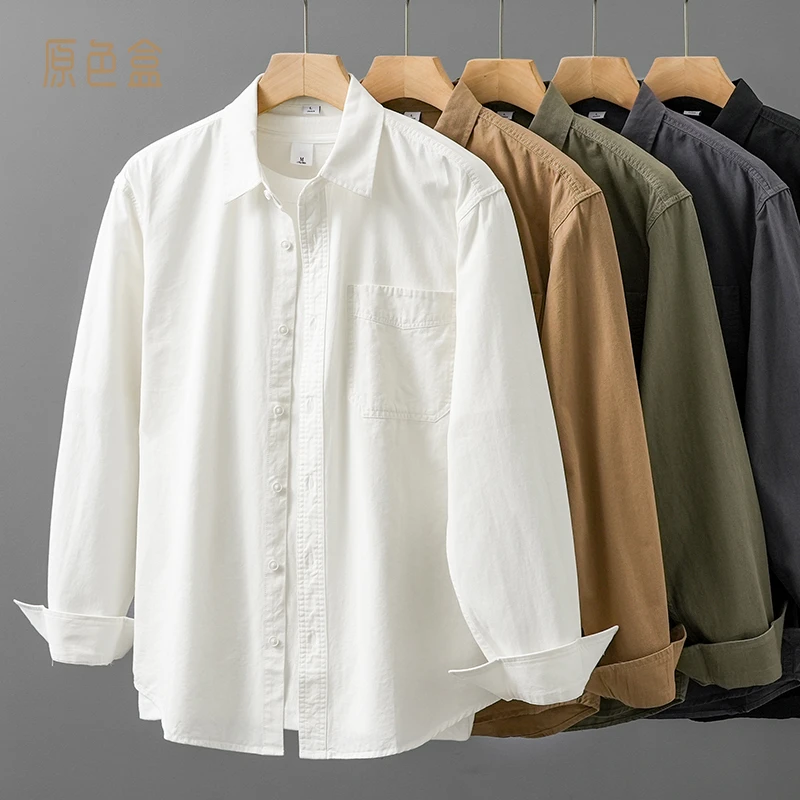 美式重磅纯棉工装衬衫男春秋季新款宽松长袖衬衣纯色高级感上衣男