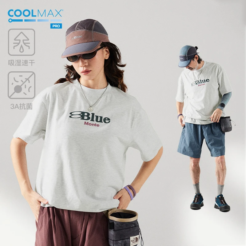 蓝岐BLUEMONTE夏coolmax吸湿速干抗菌运动短袖圆领印花情侣T恤男