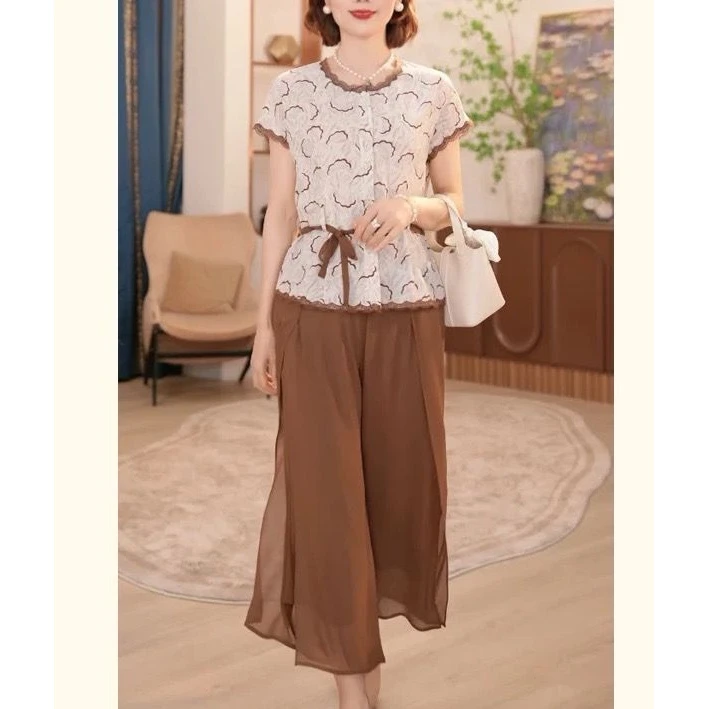 时尚套装女装阔腿裤宽松复古时尚短袖大码减龄洋气3004