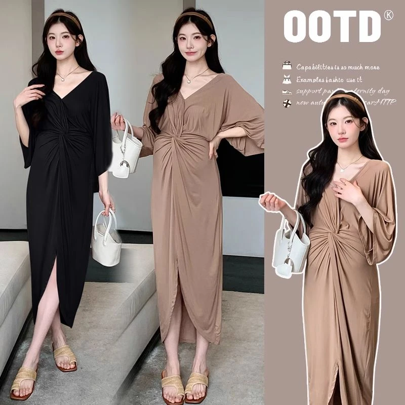 时髦孕妇装夏季新款V领1短袖网红款不规则宽松显瘦褶皱时尚连衣裙