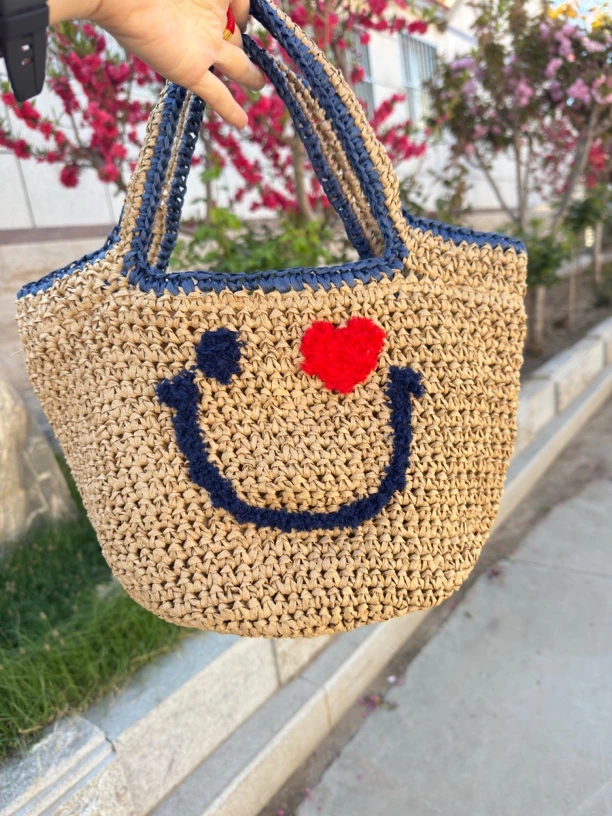 设计师款可爱笑脸包手工编织夏季休闲百搭田园慵懒手提包草编包