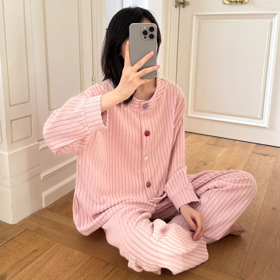 网红睡衣女款春秋季薄绒暖绒日系简约风长袖长裤秋冬季2025家居服