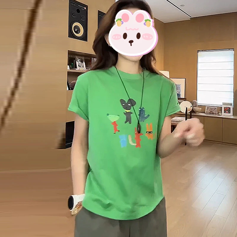 2025夏季新款百搭通勤简约卡通印花绿色圆领T恤时尚休闲宽松上衣