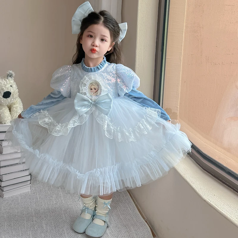 爱莎女童洛丽塔女卡通动漫秋季长袖卡通风连衣裙礼服宝宝韩版纱裙