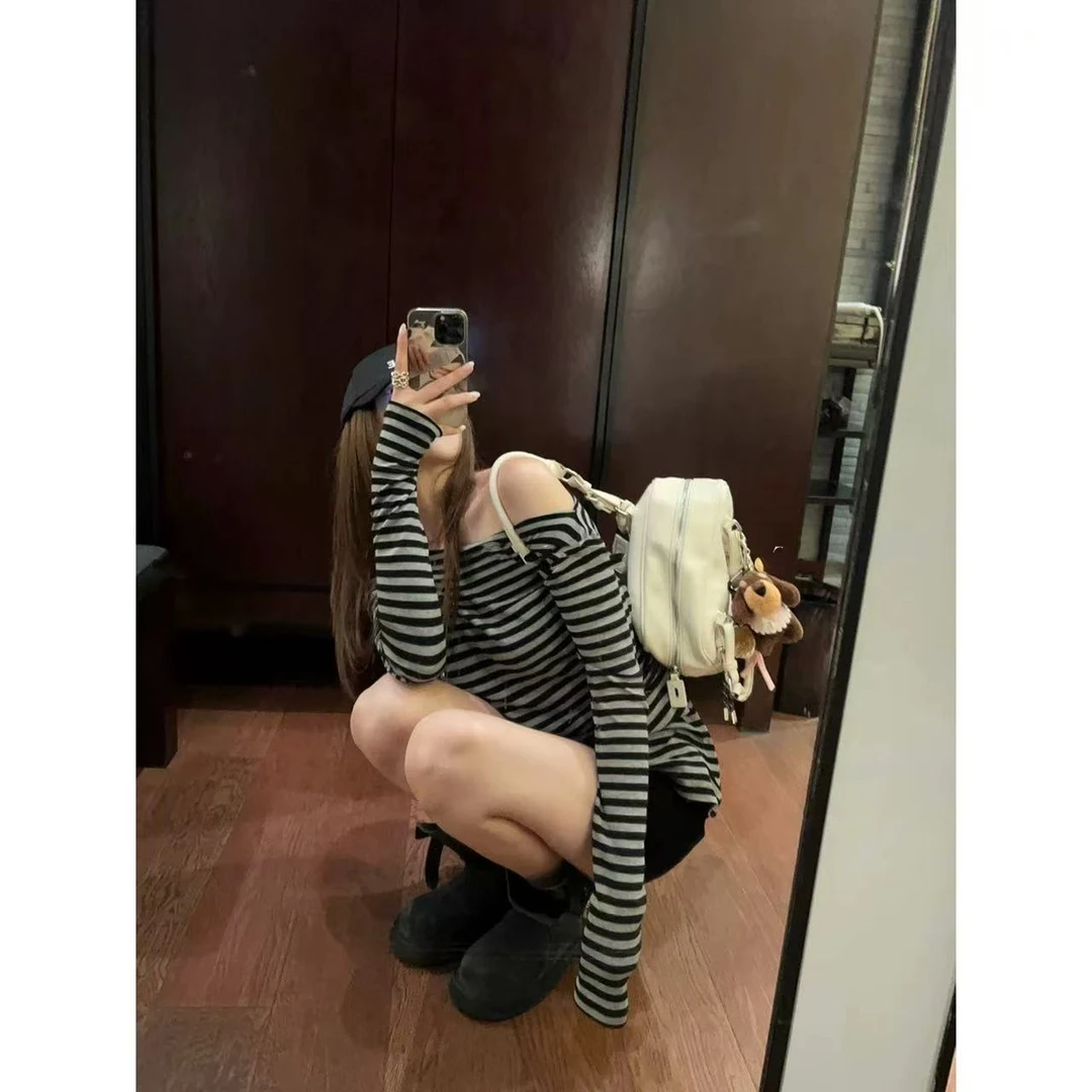 【乐小茹专属】条纹一字肩春季新款百搭时尚休闲显瘦显白短袖12558