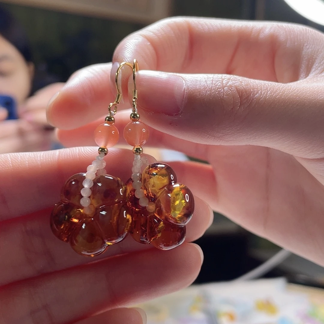 琥珀银S925镶嵌裸石耳环