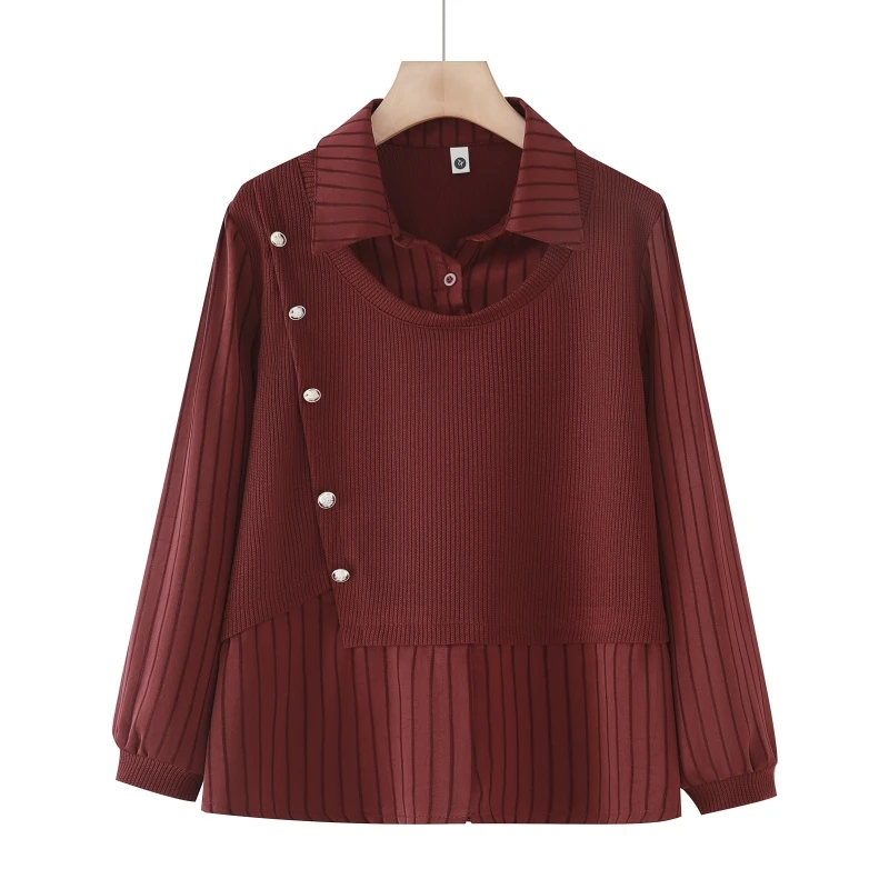 时尚假两件衬衫女2025春季新款洋气显瘦条纹拼接针织上衣衬衣小衫