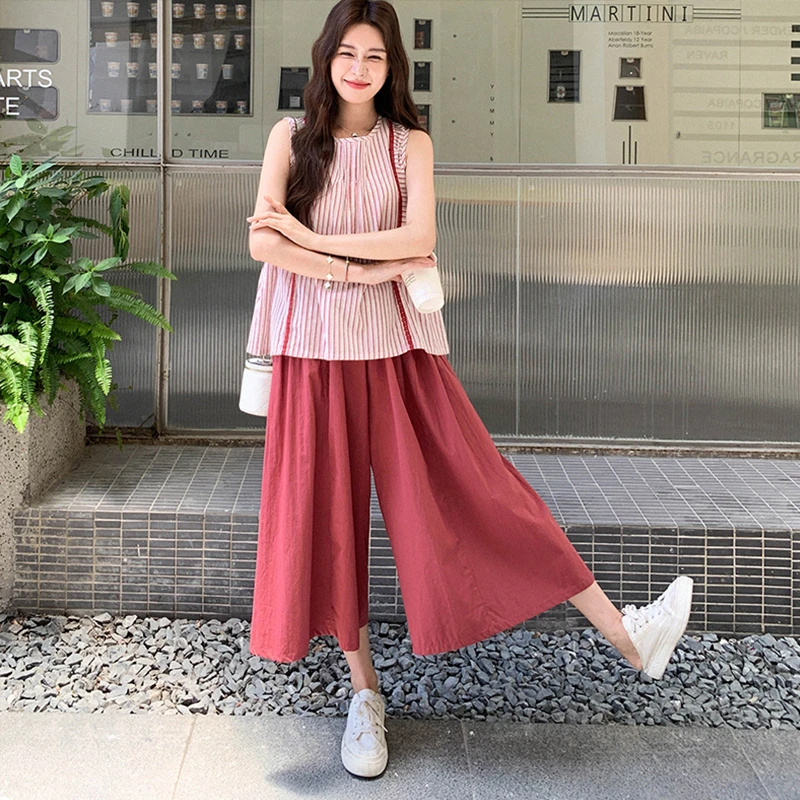 韩版宽松休闲套装女夏2025新款减龄条纹娃娃衫九分阔腿裙裤两件套