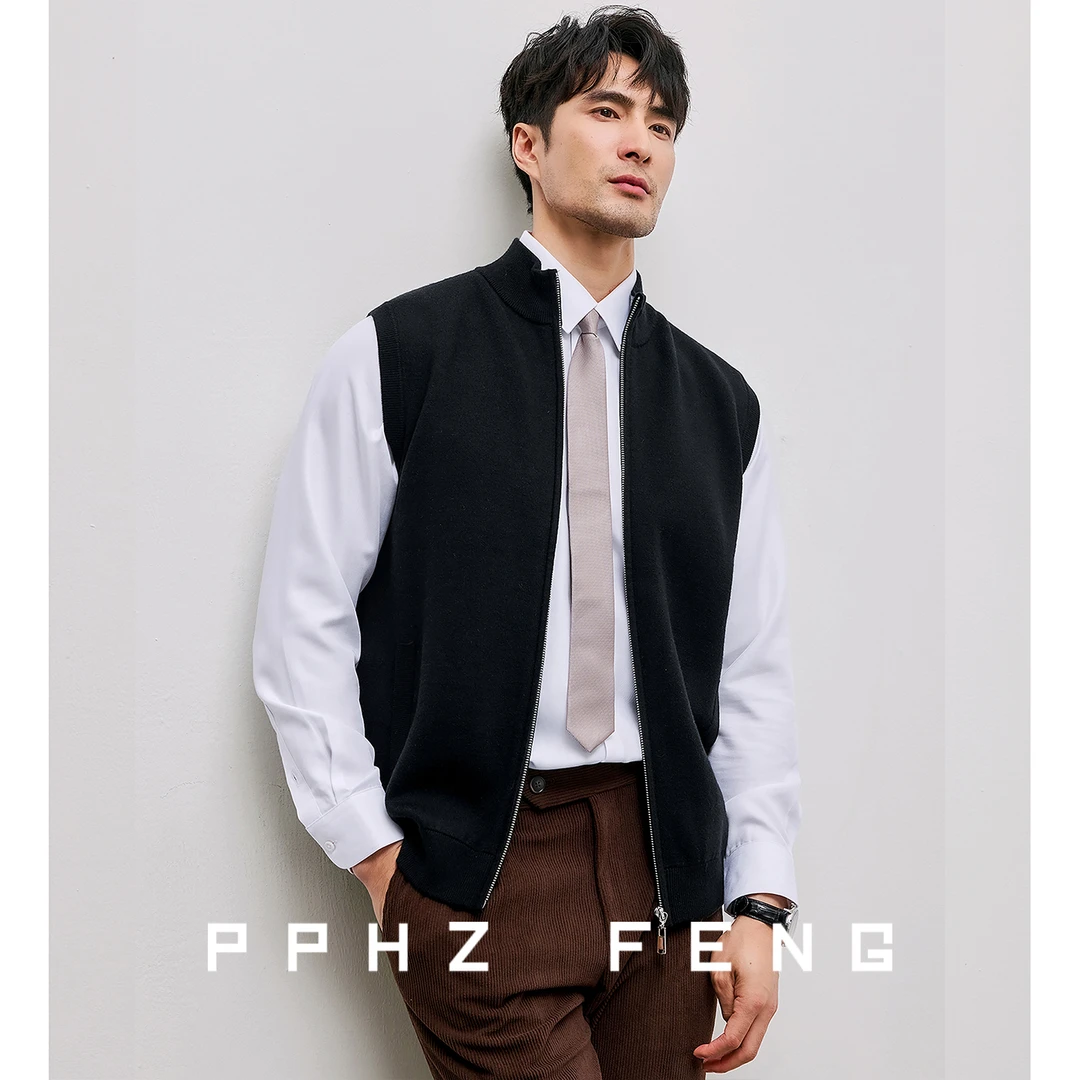 可机洗保暖通勤 厚款羊毛拉链立领秋冬季开衫针织马甲背心男坎肩