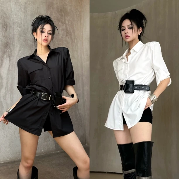 Blackgirl新款【就你小子】 原创设计直角肩长款短袖衬衫上衣配腰带