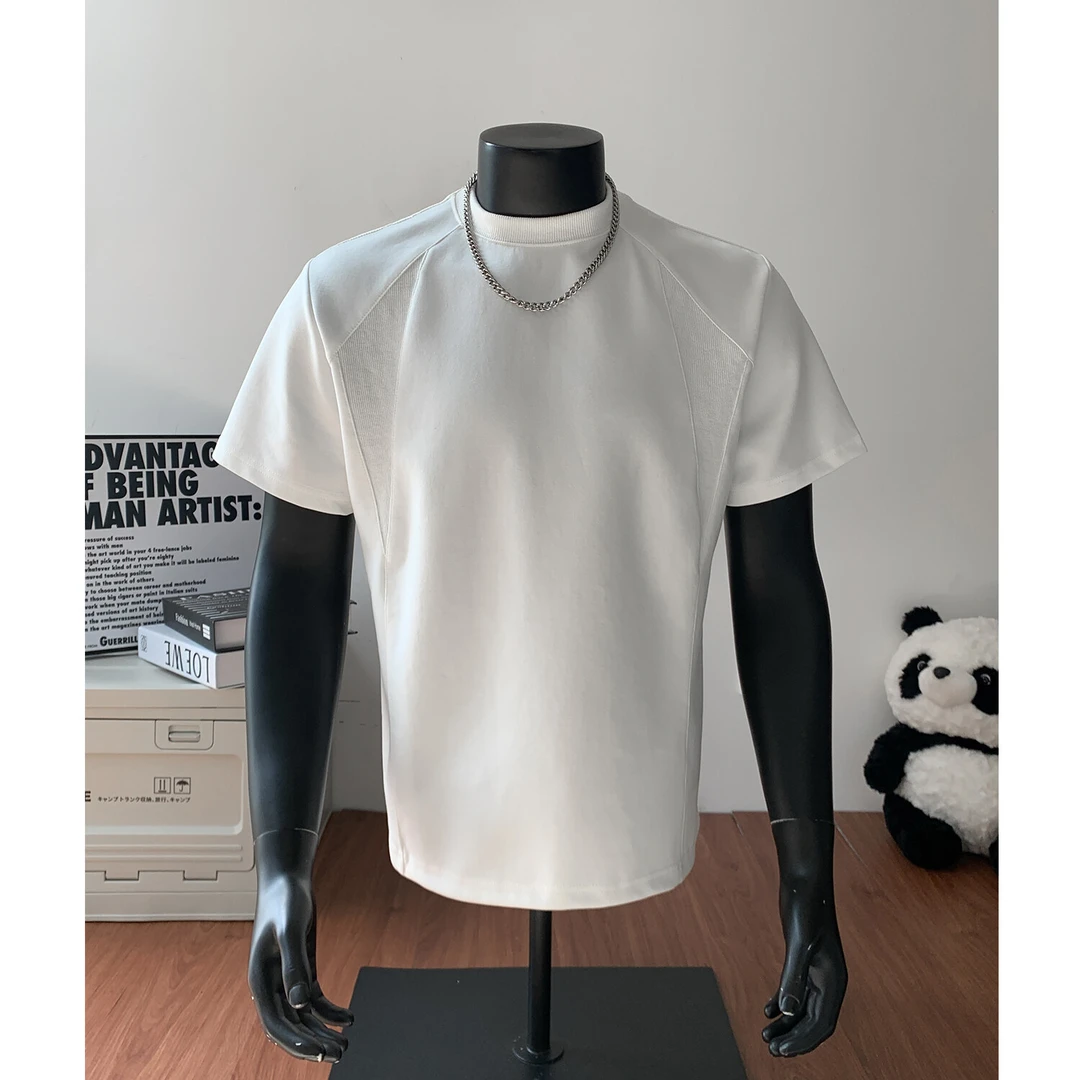 解构拼接重磅正肩短袖t恤男款夏季美式潮牌抗皱硬挺boxy五分半袖