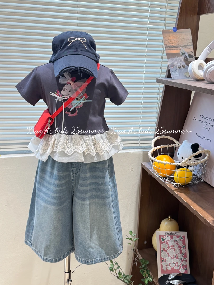 2025夏季女童韩系可爱卡通米奇花边拼接短袖女宝百搭宽松牛仔裤