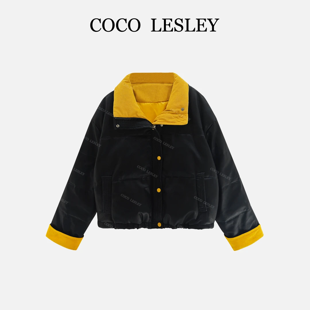COCO LESLEY新款拼接彩色长袖宽松简约时尚潮流面包服棉服MF8876