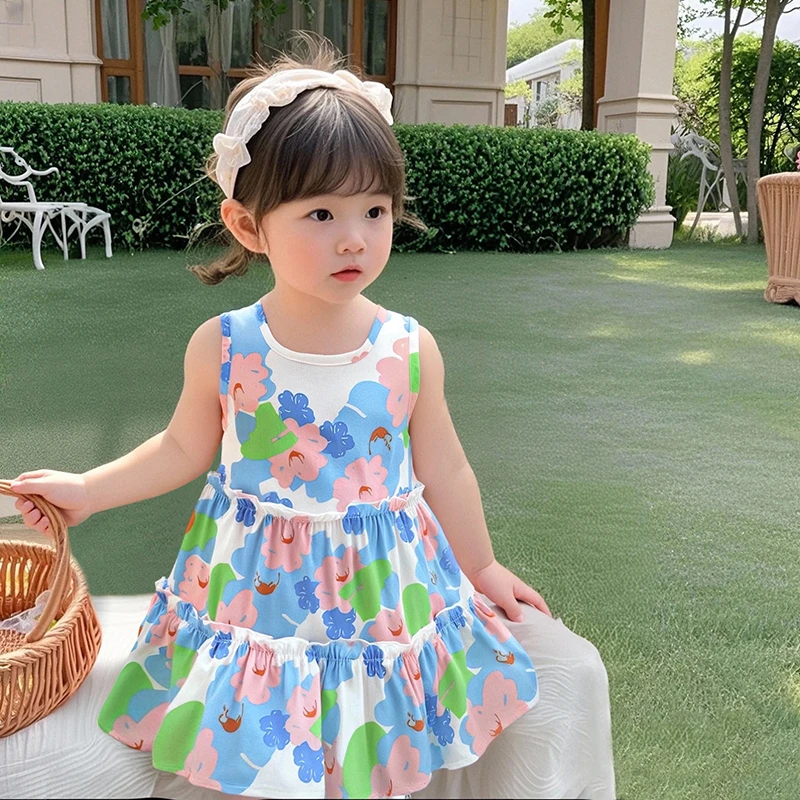女童连衣裙夏季棉绸无袖背心碎花裙女宝宝洋气印花韩版吊带长裙子