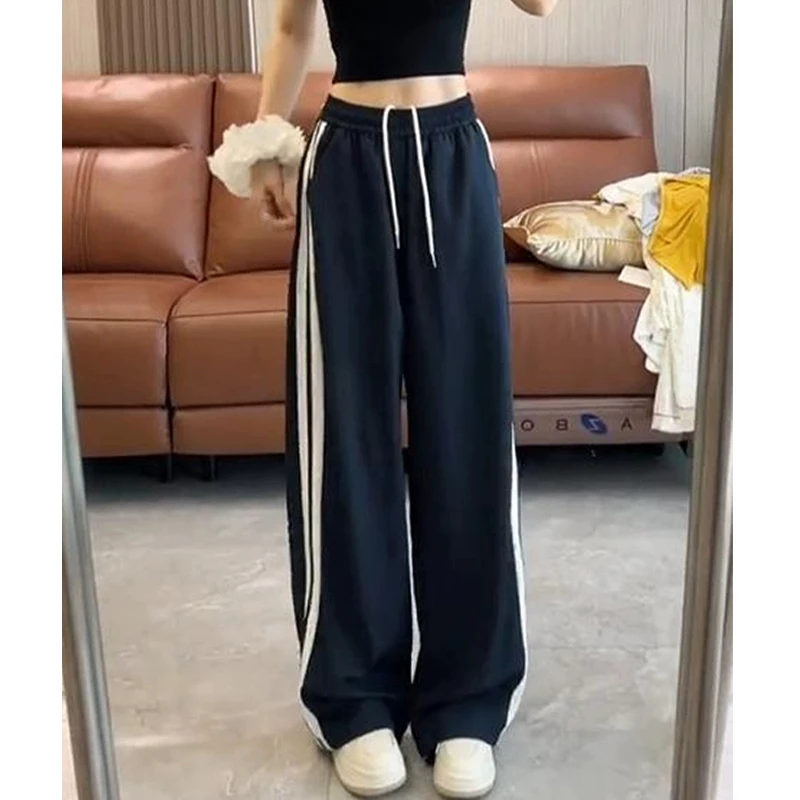 美式复古条纹休闲裤女夏季2025新款宽松慵懒风运动阔腿裤速干卫裤