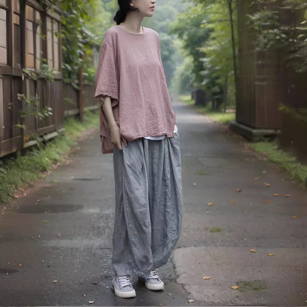 夏季温雅棉麻T恤小个子显瘦透气舒适夹条上衣新中式女式衬衫