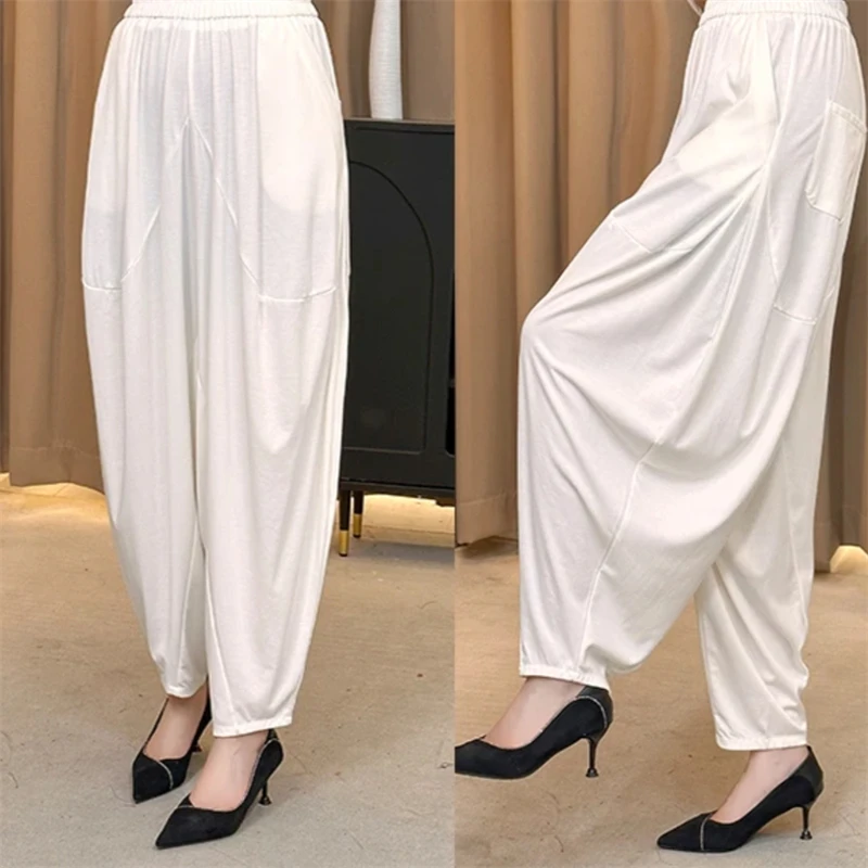 夏季新款纯色气质口袋宽松哈伦裤百搭宽松遮肉显瘦垂感潮流休闲裤