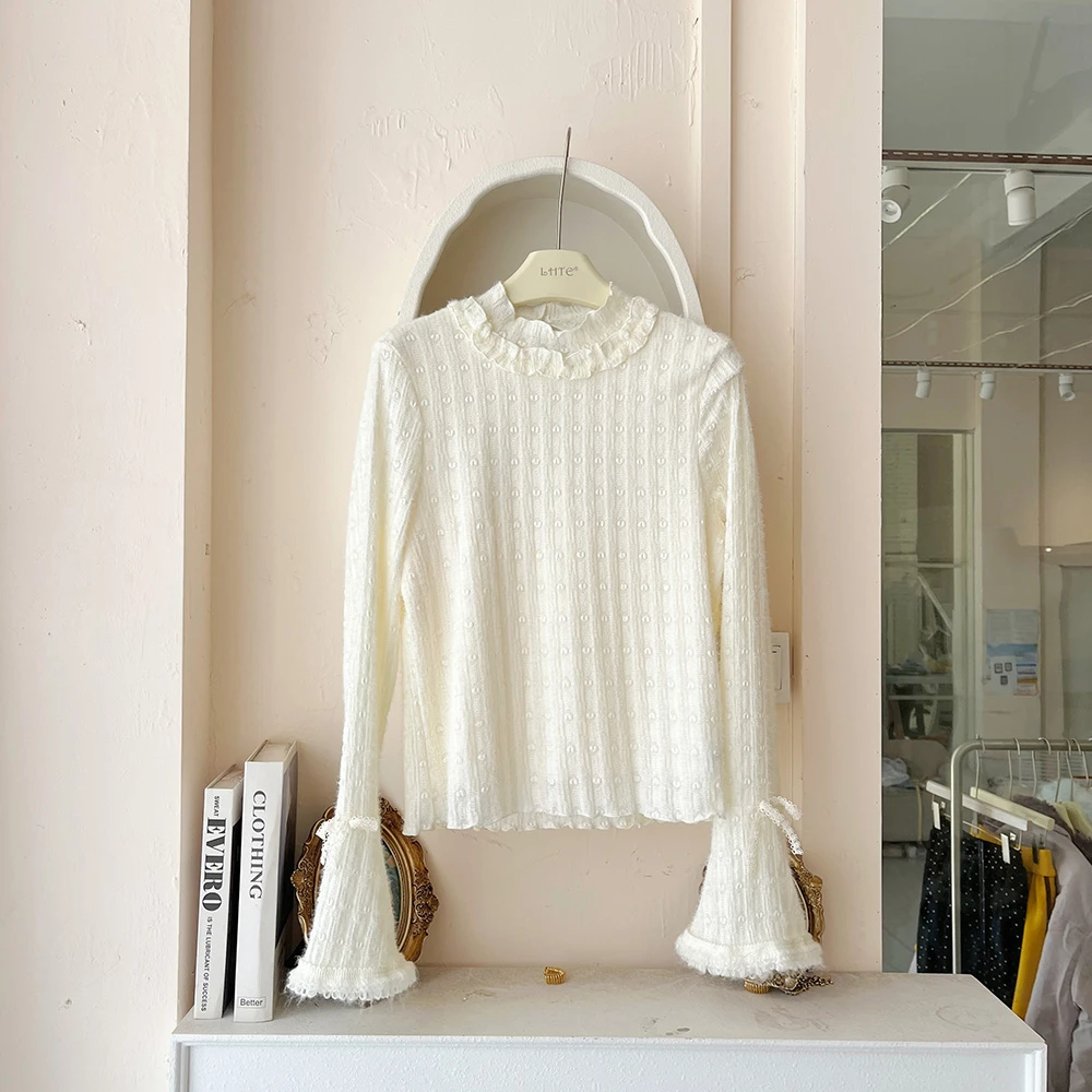 LHTE青青大码女装 冬季新款磨毛喇叭袖百搭甜美内搭米色C5311