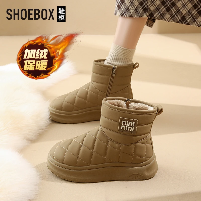 SHOEBOX鞋柜雪地靴女新款短筒冬季加绒面包鞋皮面防水防滑棉鞋