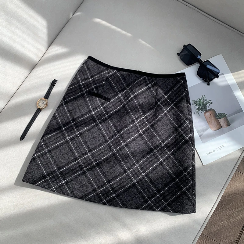 【南油子宸】复古灰色格子毛呢半身裙秋冬高腰显瘦半身裙800293