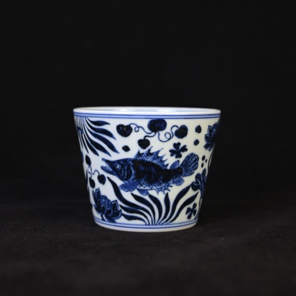 雯华堂 景德镇仿明青花鱼藻纹冰桶杯 满容约200cc