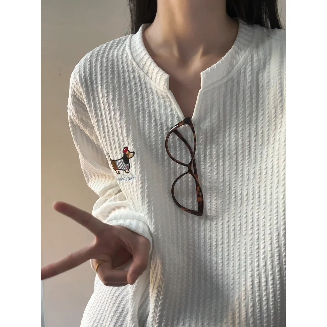 肌理感腊肠狗小V领长袖T恤卫衣男秋季美式复古潮牌宽松重磅内搭衫