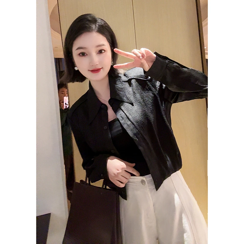 MISS RUILI定制  新款时尚百搭单排扣收腰显瘦长袖衬衫F0093