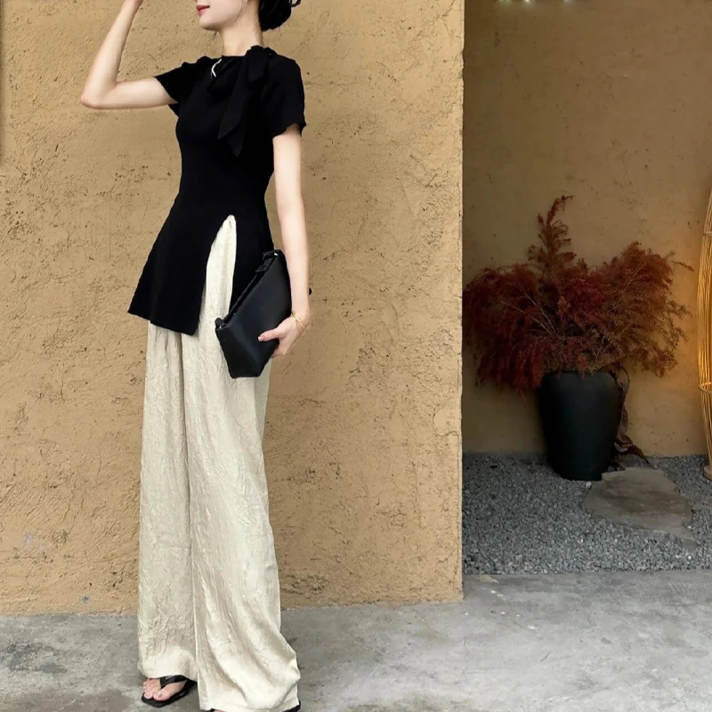 黑色正肩蝴蝶结针织开叉上衣夏季薄款慵懒风压褶休闲阔腿裤两件套