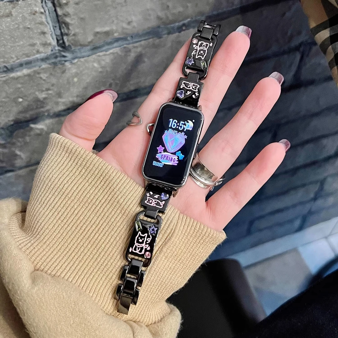 表带哥适用华为手环9表带可爱小狗荣耀9闪钻金属8NFC腕带运动配件