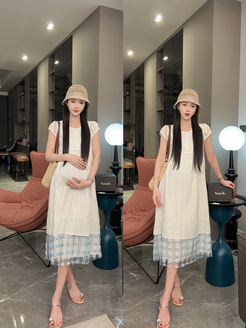 孕妈新款夏装原创设计时尚拼接设计法式甜美温柔风白色连衣裙