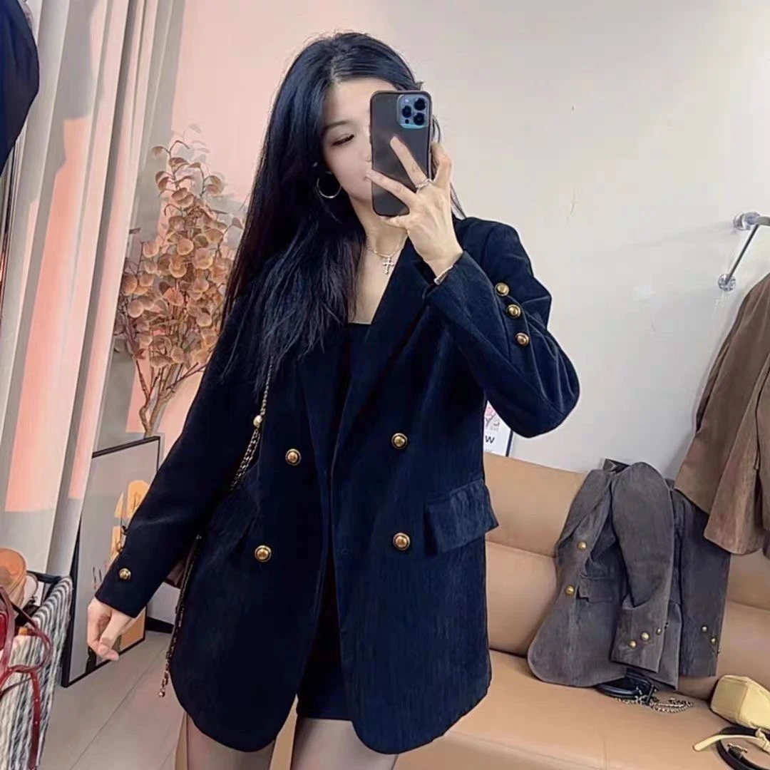 2025冬季雪尼尔西装外套女网红休闲百搭宽松韩版双排扣设计感西服