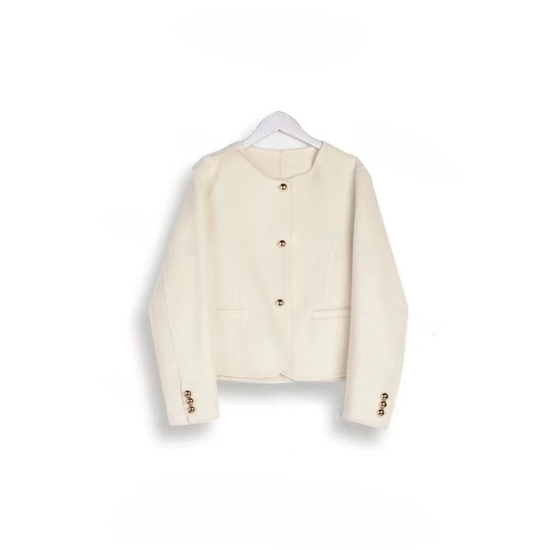 秋冬款品质女装时尚英伦风大衣小香风双面羊毛大衣短款圆铜扣设计