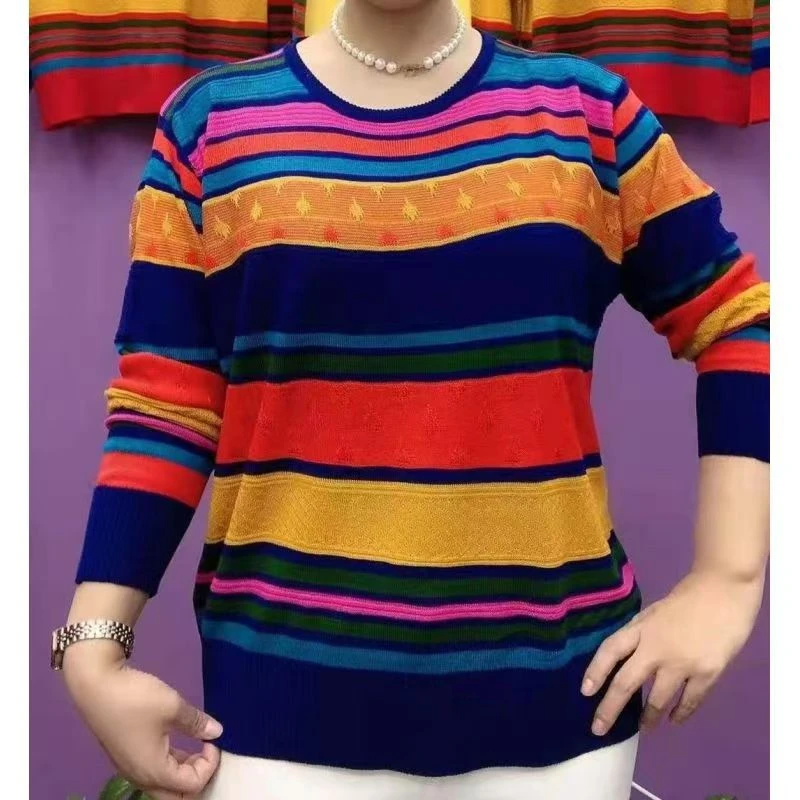 2026春季新款针织衫圆领洋气休闲条纹简约中老年宽松弹力针织上衣