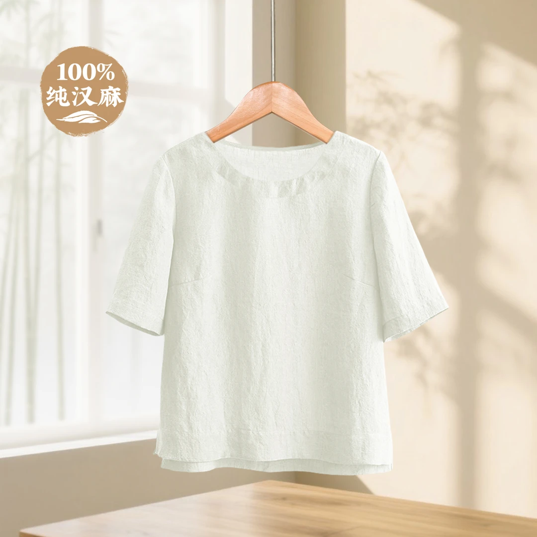 【小贝壳汉麻】 100% 汉麻24支圆领套头小衫夏季纯色透气百搭