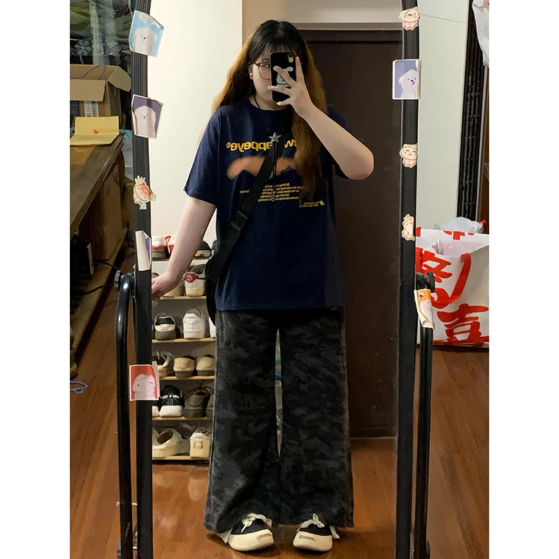 潮碧梵300斤大码女装迷彩工装牛仔裤女胖mm夏季宽松显瘦阔腿裤子