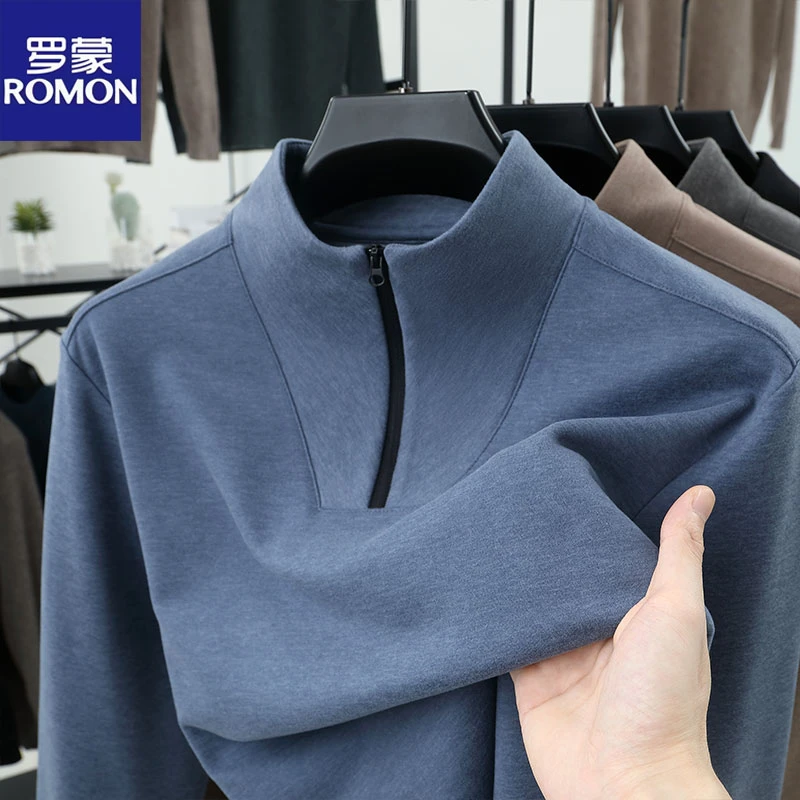 罗蒙半高拉链领潮流双面奥利绒卫衣男士保暖加绒秋冬季德绒打底衫