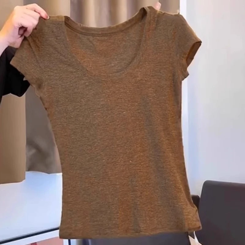 韩系ins风显瘦U领短袖T恤女2025夏季新款百搭修身收腰打底衫上衣