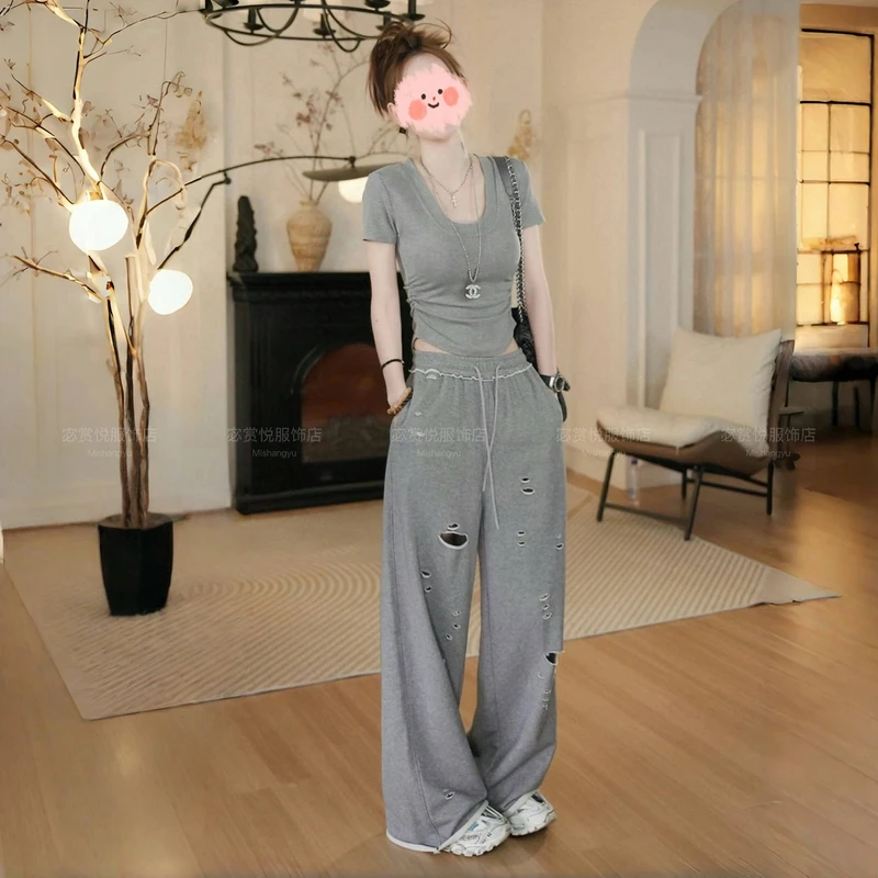 2025夏季减龄蕾丝气质短袖T恤显瘦上衣短款洋气阔腿裤休闲套装女