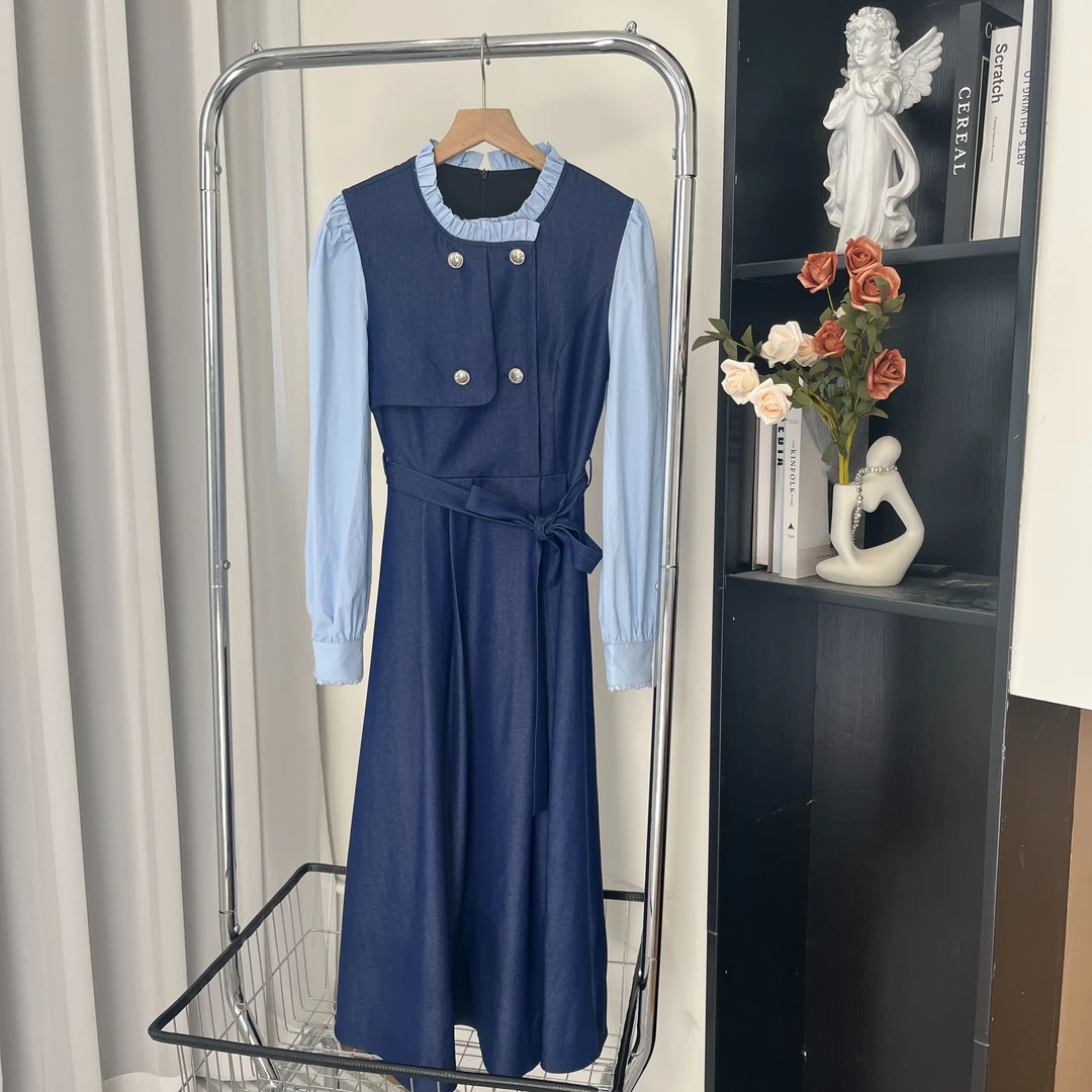 Design/2025新款欧若风收腰长袖蓝色轻奢休闲连衣裙 12317 BCK