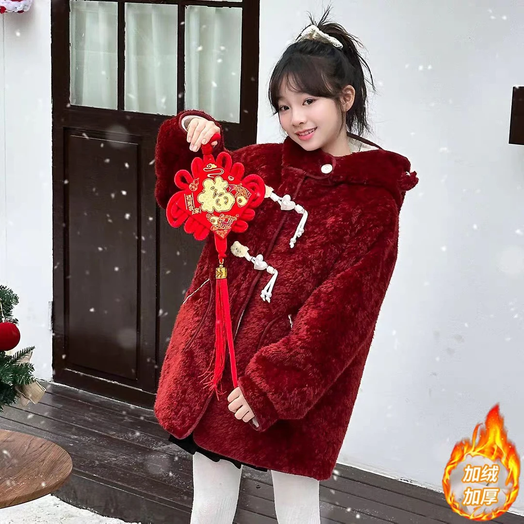 女童冬季加厚毛毛衣2025新款儿童连帽保暖外套中大童洋气毛绒大衣